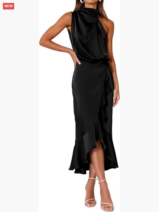 Dresses & Skirts - Satin Mock Neck Wrap Midi Dress Sleeveless Formal Cocktail Party